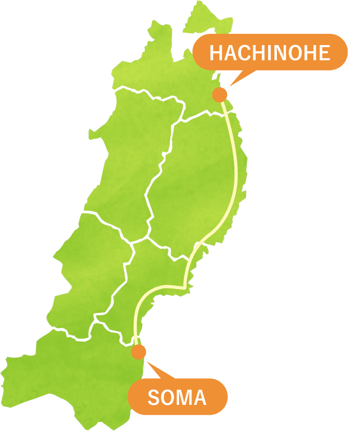 青森県八戸市から福島県相馬市までの地図
